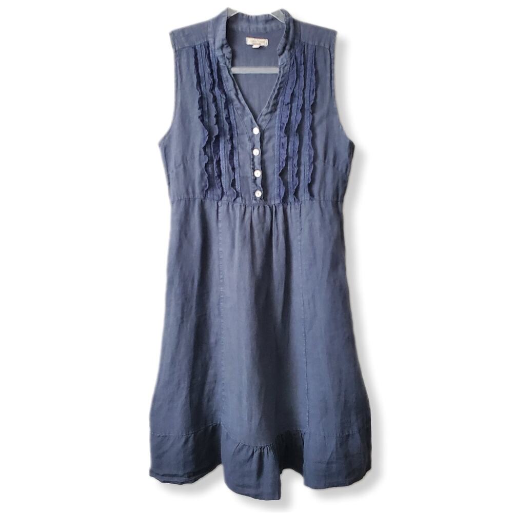 Lina Tomei Italy Gray Blue Linen Dress S Lagenlook Coastal Cottage Minimalist